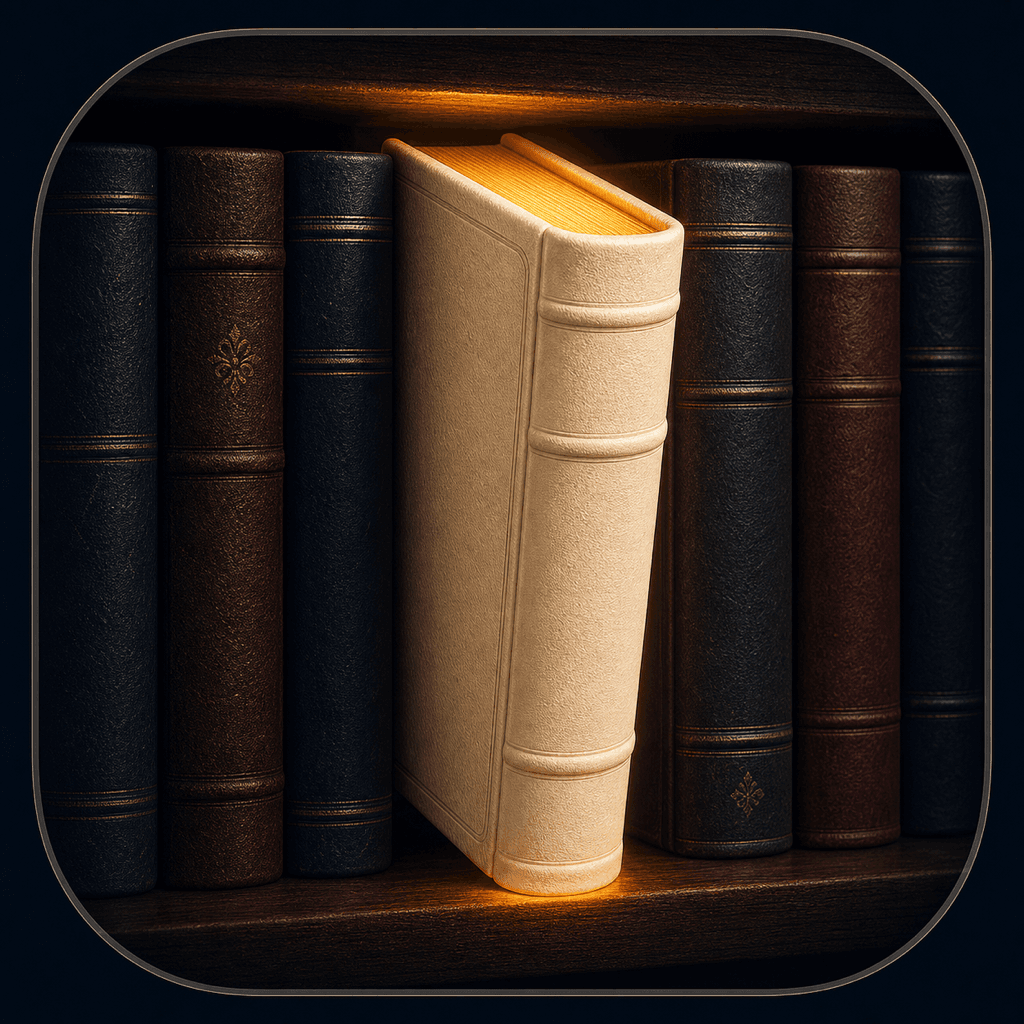 Sleepy History app icon showing a warm illuminated book among dark volumes